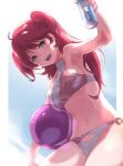  1girl absurdres ahoge bad_haro bangs bikini blush breasts can cowlick earrings eyebrows_visible_through_hair freckles fune_(fune93ojj) gundam gundam_00 hair_between_eyes highres holding holding_can jewelry looking_at_viewer medium_breasts navel nena_trinity o-ring o-ring_bikini o-ring_bottom open_mouth redhead sideboob smile solo swimsuit two_side_up wet yellow_eyes 