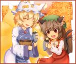 :d ^_^ animal_ear_fluff animal_ears autumn blonde_hair breasts brown_hair cat_ears cat_tail chen closed_eyes dress fang food fox_ears fox_tail gold_trim hat holding holding_food jewelry kusiyan large_breasts mob_cap multiple_tails nekomata open_mouth pillow_hat red_dress red_eyes short_hair single_earring smile sweet_potato tabard tail touhou two_tails white_dress yakumo_ran 