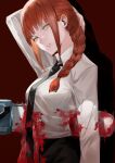  1girl bangs black_neckwear black_pants blazpu blood braid braided_ponytail breasts business_suit chainsaw chainsaw_man collared_shirt dress_shirt formal highres large_breasts long_hair long_sleeves looking_at_viewer makima_(chainsaw_man) neckwear pants ringed_eyes shirt shirt_tucked_in suit white_shirt 