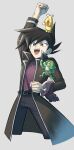  1boy :d arm_up bangs belt black_belt black_hair bright_pupils character_request clenched_hands coat commentary_request grey_background grey_eyes koma_yoichi long_sleeves male_focus open_clothes open_coat open_mouth pants purple_shirt shirt smile spiky_hair tongue upper_teeth white_pupils yu-gi-oh! 
