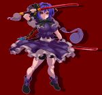  1girl alternate_color bangs black_bow black_hairband black_neckwear bow bowtie breasts closed_mouth eyebrows_visible_through_hair full_body hairband holding holding_sword holding_weapon katana konpaku_youmu konpaku_youmu_(ghost) large_breasts looking_at_viewer mmmmatimmmmati multiple_swords navel one-hour_drawing_challenge purple_footwear purple_hair purple_skirt purple_vest red_background shirt short_hair short_sleeves simple_background skirt solo standing sword touhou vest weapon white_shirt 