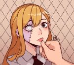  1girl 1other black_neckwear brown_eyes collared_shirt colored_skin disembodied_limb hair_between_eyes hand_on_another&#039;s_chin highres kingpaca long_hair multicolored multicolored_skin orange_hair original shirt stitched_face stitches two-tone_skin white_eyes zombie 