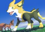  boltund commentary_request day dog fangs from_below gen_8_pokemon grass green_eyes highres no_humans open_mouth outdoors pokemon pokemon_(creature) signature sky tanpakuroom thievul tongue 