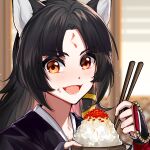  1girl :d animal_ears arknights bangs black_hair black_kimono blurry blurry_background blush bowl chinese_commentary chopsticks commentary_request dog_ears fangs fengchaoqu highres holding holding_chopsticks japanese_clothes kimono long_hair looking_at_viewer open_mouth orange_eyes portrait rice rice_bowl saga_(arknights) smile solo 