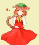  1girl :d animal_ear_fluff animal_ears beige_background blush bow bowtie breasts brown_eyes brown_hair cat_ears cat_tail chaki_(kinaneko2149) chen commentary_request cowboy_shot cropped_legs dress fang gold_trim hand_up hat heart heart_tail jewelry looking_at_viewer mob_cap multiple_tails nekomata open_mouth red_dress short_hair simple_background single_earring skin_fang small_breasts smile solo tail touhou two_tails yellow_neckwear 