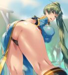  1girl ass bangs bent_over black_panties blue_dress blush breasts dress eyebrows_visible_through_hair fire_emblem fire_emblem:_the_blazing_blade from_behind green_eyes green_hair hair_behind_ear kneehighs large_breasts legs looking_back lyn_(fire_emblem) open_mouth panties ponytail sajittari short_sleeves sketch solo tree underwear 