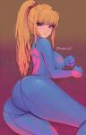  1girl akalari angry ass bangs blonde_hair blue_bodysuit bodysuit breasts commentary curvy hair_tie high_ponytail highres large_breasts long_hair looking_at_viewer looking_back lying metroid on_side ponytail samus_aran sidelocks solo twitter_username violet_eyes zero_suit 