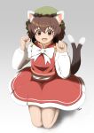  1girl :d absurdres animal_ear_fluff animal_ears blush bow bowtie brown_eyes brown_hair cat_ears cat_tail chen dress eyebrows_behind_hair fang gold_trim grey_background hands_up hat highres jewelry kneeling looking_at_viewer mob_cap multiple_tails nekomata open_mouth paw_pose red_dress short_hair simple_background single_earring smile solo tail touhou two_tails white_neckwear yuu_ill 