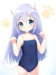  1girl animal_ears arms_up ass_visible_through_thighs blue_eyes blue_hair blue_swimsuit cat_ears cat_tail clenched_hands covered_navel fake_animal_ears gochuumon_wa_usagi_desu_ka? hair_ornament hairclip highres kafuu_chino long_hair one-piece_swimsuit paw_pose sazaemu school_swimsuit simple_background solo swimsuit tail white_background 