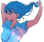  1girl arms_up bangs blue_hair blue_shirt blunt_bangs cloud_print eyebrows_visible_through_hair fingernails hair_tie highres lips long_hair original shirt short_sleeves sky_print solo stephanie_priscilla upper_body white_background 