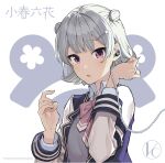  1girl :o blazer blue_jacket bow bowtie cable cevio character_name cherry_blossoms commentary double_bun earphones grey_hair grey_shirt hair_ornament hairclip hand_in_hair hand_up jacket koharu_rikka logo looking_at_viewer open_mouth pink_neckwear school_uniform shirt short_hair solo synthesizer_v teshima_nari violet_eyes white_background 