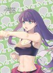  1girl blue_eyes clenched_hands fate/grand_order fate_(series) flexing highres long_hair martha_(fate) midriff navel num_(zombie_headline) pose purple_hair sports_bra training 