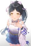  1girl bangs bare_shoulders black_hair bow breasts commentary_request facing_viewer frilled_skirt frills hair_bow hajimari_wa_kimi_no_sora hand_on_own_chest hazuki_ren highres jacket long_hair looking_at_viewer love_live! love_live!_superstar!! medium_breasts open_clothes open_jacket parted_lips ponytail saki_usagi skirt solo swept_bangs upper_body white_bow white_jacket yellow_eyes 