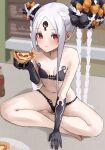  1girl abigail_williams_(fate) abigail_williams_(swimsuit_foreigner)_(fate) absurdres bikini black_bikini black_gloves bow cheese_trail commentary_request double_bun eating elbow_gloves fate/grand_order fate_(series) flat_chest food full_body gloves hair_bow highres indian_style keyhole kopaka_(karda_nui) long_hair looking_at_viewer navel pizza red_eyes sitting solo swimsuit third_eye white_hair 