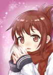  1girl :d absurdres bangs blush breathing_on_hands brown_eyes brown_hair brown_scarf commentary_request eyebrows_visible_through_hair feiyyx folded_ponytail hands_up highres inazuma_(kancolle) kantai_collection long_sleeves looking_at_viewer pink_background scarf shirt sleeves_past_wrists smile snowflakes solo white_shirt 