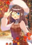  1girl ;d autumn_leaves bangs beret black-framed_eyewear blue_eyes blurry blurry_background blurry_foreground braid brown_dress brown_hair commentary_request commission copyright_request depth_of_field dress glasses hand_up hat kou_hiyoyo leaf long_hair long_sleeves looking_at_viewer maple_leaf one_eye_closed plaid plaid_dress puffy_long_sleeves puffy_sleeves round_eyewear shirt skeb_commission sleeveless sleeveless_dress smile solo thick_eyebrows tree twin_braids virtual_youtuber white_headwear white_shirt 