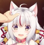  1girl ahoge animal_ear_fluff animal_ears bangs bell blush brown_eyes collar collarbone commentary_request eyebrows_visible_through_hair fang fox_ears hair_bell hair_between_eyes hair_ornament hair_ribbon hand_on_another&#039;s_head highres indie_virtual_youtuber jingle_bell kamiko_kana leash multicolored_hair nude open_mouth out-of-frame_censoring out_of_frame red_collar red_ribbon redhead ribbon sakuraba_hikaru_(loveindog) silver_hair solo_focus streaked_hair sweat upper_body virtual_youtuber 