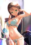  1girl absurdres armpits arms_up breasts brown_hair green_eyes highres long_hair looking_at_viewer medium_breasts navel original panties smile solo underwear wanderlucia 