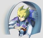  bangs blonde_hair buttons card character_request commentary_request hair_between_eyes hand_up holding holding_card koma_yoichi lower_teeth open_mouth shiny shiny_hair sideways_glance spiky_hair tongue upper_body violet_eyes yu-gi-oh! 