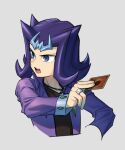  blue_eyes card character_request commentary_request gender_request grey_background hand_up holding holding_card jacket jewelry koma_yoichi long_sleeves looking_to_the_side necklace open_mouth purple_hair purple_jacket ring shirt solo tongue upper_body upper_teeth yu-gi-oh! 