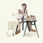  1girl bangs barefoot braid brown_hair child claws costume crocodile_costume drawing dress fake_tail gloves highres long_hair mask original painting simple_background sitting solo stool tail tono_(rt0no) white_dress 