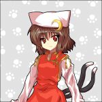 1girl alphes_(style) animal_hat brown_hair cat_girl cat_hat cat_tail crescent crescent_hair_ornament hair_ornament hat mikazuki_neko mikazuki_neko_(character) multiple_tails original parody paw_print paw_print_background red_eyes smile solo style_parody tail upper_body 
