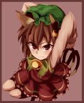  1girl animal_ear_fluff animal_ears arms_up bell bow bowtie brown_eyes brown_hair cat_ears cat_tail chen dress foreshortening from_above gold_trim green_neckwear hat jewelry jingle_bell kusiyan mob_cap multiple_tails nekomata perspective pink_background red_dress short_hair simple_background single_earring solo tail touhou two_tails 