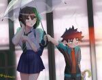  1boy 1girl age_difference child commentary convenience_store highres original school_uniform see-through shop takotoma22 umbrella wet wet_clothes 