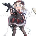  1girl bangs beret black_bow black_cape black_dress black_gloves black_legwear blue_eyes blush bow bullet cape character_name commentary_request dress fingerless_gloves forehead girls_frontline gloves gun h&amp;k_mp5 handgun hat highres holding holding_gun holding_weapon holster kuro_kosyou long_hair looking_away looking_to_the_side mp5_(girls_frontline) necktie object_namesake open_mouth pantyhose parted_bangs pistol pleated_skirt polka_dot_cape red_headwear red_neckwear simple_background skirt solo submachine_gun thigh_holster unmoving_pattern v-shaped_eyebrows weapon white_background white_hair white_skirt 