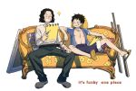  2boys afro black_hair closed_eyes couch grin highres holding holding_sketchbook long_nose monkey_d._luffy multiple_boys notebook one_piece open_clothes open_shirt paintbrush pout quana short_hair shorts sitting sketchbook smile usopp white_background 