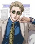  1boy absurdres background_text blue_shirt blurry brown_hair brown_jacket brown_suit closed_mouth collared_shirt commentary depth_of_field english_commentary formal glasses green-tinted_eyewear hand_up highres jacket jujutsu_kaisen lips long_sleeves looking_at_viewer male_focus nanami_kento necktie newspaper opaque_glasses partially_opaque_glasses round_eyewear shirt short_hair solo suit sunglasses thisuserisalive upper_body watch watch white_background yellow_neckwear 