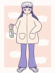  1girl bangs black_eyes black_hair blunt_bangs bottle coat earrings full_body grey_pants hand_in_pocket highres holding holding_bottle hoppe_illust jewelry long_hair long_sleeves looking_at_viewer original pants shoes solo standing white_footwear white_headwear 