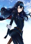  1girl ameno_(a_meno0) armor ass bangs belt blue_cape blue_eyes blue_gloves blue_hair blue_legwear blue_shirt blue_sky blue_sweater breasts cape clouds day falchion_(fire_emblem) fingerless_gloves fire_emblem fire_emblem_awakening floating_hair gloves hair_between_eyes hair_ornament long_hair long_sleeves looking_at_viewer lucina_(fire_emblem) multicolored multicolored_cape multicolored_clothes outdoors parted_lips red_cape ribbed_sweater sheath sheathed shirt shoulder_armor sky small_breasts smile solo sweater sword symbol-shaped_pupils teeth tiara weapon 