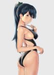  1girl alternate_costume ass bare_arms bare_legs bare_shoulders black_hair black_swimsuit blue_eyes blush closed_mouth competition_swimsuit cowboy_shot grey_background hair_between_eyes highres houshou_(kancolle) kantai_collection long_hair one-piece_swimsuit ponytail simple_background solo swimsuit wa_(genryusui) 