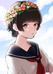  1girl bangs black_hair blunt_bangs brown_eyes clouds cloudy_sky commentary eyebrows_visible_through_hair flower hair_ornament head_wreath highres looking_at_viewer portrait sakugawa_school_uniform school_uniform serafuku short_hair sky solo toaru_kagaku_no_railgun toaru_majutsu_no_index uiharu_kazari 