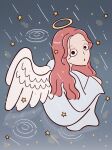  1girl angel angel_wings brown_hair feathered_wings from_side halo highres hoppe_illust long_hair long_sleeves looking_at_viewer original rain reflection ripples solo squatting star_(symbol) white_wings wings 