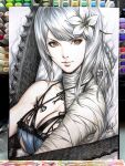 1girl bandaged_arm bandaged_neck bandages braid breasts brown_eyes flower hair_flower hair_ornament highres holding holding_weapon kaine_(nier) large_breasts long_hair marker_(medium) nier nier_(series) nier_(young) revealing_clothes silver_hair stanley_lau traditional_media weapon 