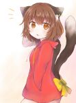  1girl :o animal_ears blush bow breasts brown_eyes brown_hair cat_ears cat_tail chaki_(kinaneko2149) chen cowboy_shot from_side hand_in_pocket highres hood hoodie jewelry looking_at_viewer multiple_tails nekomata no_hat no_headwear notice_lines parted_lips red_hoodie short_hair simple_background single_earring small_breasts solo tail tail_bow tail_ornament touhou two_tails white_background yellow_bow 