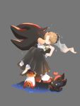  1boy 1girl ^_^ black_dress black_gloves blonde_hair blue_eyes bouquet carrying chao_(sonic) closed_eyes closed_mouth dress flower full_body furry furry_male furry_with_non-furry gloves grey_background heart hetero interspecies kiss kissing_cheek maria_robotnik princess_carry shadow_the_hedgehog shoes simple_background smile sonic_(series) tondamanuke 