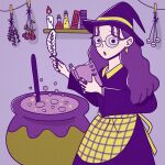 1girl apron book bubble candle earrings feathers fire flower freckles glasses hat highres holding holding_book holding_feather hoppe_illust jewelry leaf original purple_theme red_flower round_eyewear shadow shelf solo upper_body white_feathers white_flower witch_hat 