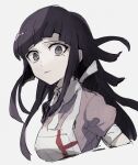  1girl apron asuna_(doruru-mon) bandages bangs black_hair blunt_bangs breasts collared_shirt commentary_request cropped_torso dangan_ronpa_(series) dangan_ronpa_2:_goodbye_despair from_side grey_background highres long_hair looking_at_viewer mole mole_under_eye open_mouth pink_shirt puffy_short_sleeves puffy_sleeves shirt short_sleeves simple_background solo tsumiki_mikan upper_body 
