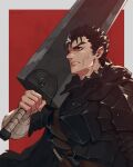  1boy armor artist_name bandaged_arm bandages bangs belt berserk border brown_belt brown_hair closed_mouth commentary from_side grey_border guts_(berserk) hand_up highres holding holding_weapon huge_weapon jiro_(ninetysix) male_focus red_background scar short_hair solo sword upper_body weapon 