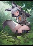  1girl animal_ear_fluff animal_ears artist_request bat-eared_fox_(kemono_friends) black_gloves blush breasts closed_eyes extra_ears fox_ears fox_tail full_body gloves grey_hair highres kemono_friends large_breasts letterboxed light_smile multicolored_hair musical_note outdoors rain short_hair silver_hair solo squatting streaked_hair tail 