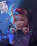  1girl cabbie_hat cracked_wall crying crying_with_eyes_open feathers genshin_impact gloves hat klee_(genshin_impact) long_sleeves looking_at_viewer open_mouth pointy_ears poster_(object) sad short_twintails solo tears trash_bag trash_can twintails xy1314520 