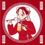  1girl bun_cover chopsticks cup double_bun highres holding holding_cup hoppe_illust long_sleeves looking_at_viewer open_mouth original red_shirt red_theme redhead shirt solo tassel upper_body white_background 