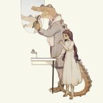  1girl animal bangs barefoot brown_hair brushing_teeth child claws clothed_animal collared_dress crocodile crocodilian dress holding holding_toothbrush long_dress long_hair mirror original pajamas pants sharp_teeth shirt simple_background sink slit_pupils standing tail teeth tiptoes tono_(rt0no) toothbrush towel towel_around_neck white_dress 