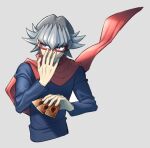  1boy adjusting_eyewear bangs cape card character_request commentary_request covering_mouth glasses grey_background grey_hair holding holding_card koma_yoichi long_sleeves male_focus red-framed_eyewear red_cape shirt solo upper_body yu-gi-oh! 