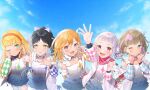  5girls ankle_socks arashi_chisato arm_up black_hair blonde_hair blue_eyes bow closed_mouth commentary_request facing_viewer frilled_skirt frills green_eyes hair_bow hair_ornament hairband hajimari_wa_kimi_no_sora hands_up hazuki_ren heanna_sumire highres jacket light_brown_hair long_hair looking_at_viewer love_live! love_live!_superstar!! multicolored multicolored_clothes multiple_girls one_eye_closed open_clothes open_jacket open_mouth orange_hair orange_hairband pink_eyes saki_usagi shibuya_kanon short_hair skirt smile tang_keke thigh-highs upper_body violet_eyes white_hair white_jacket white_legwear yellow_eyes zettai_ryouiki 