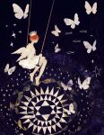  1girl angel_wings barefoot bug butterfly crown dress fish highres insect looking_back orange_hair original short_hair solo sparkle star_(symbol) strapless strapless_dress surreal swing swinging tono_(rt0no) white_dress wings 