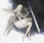  1girl angel_wings barefoot blonde_hair dress full_body grass long_hair lying on_side original plant snow solo strapless strapless_dress sword tono_(rt0no) weapon white_dress wings 